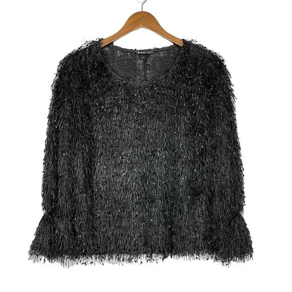 Very J | Solid Black Eyelash Fringe Bell Sleeve Fuzzy Pullover Sweater - Picture 1 of 7